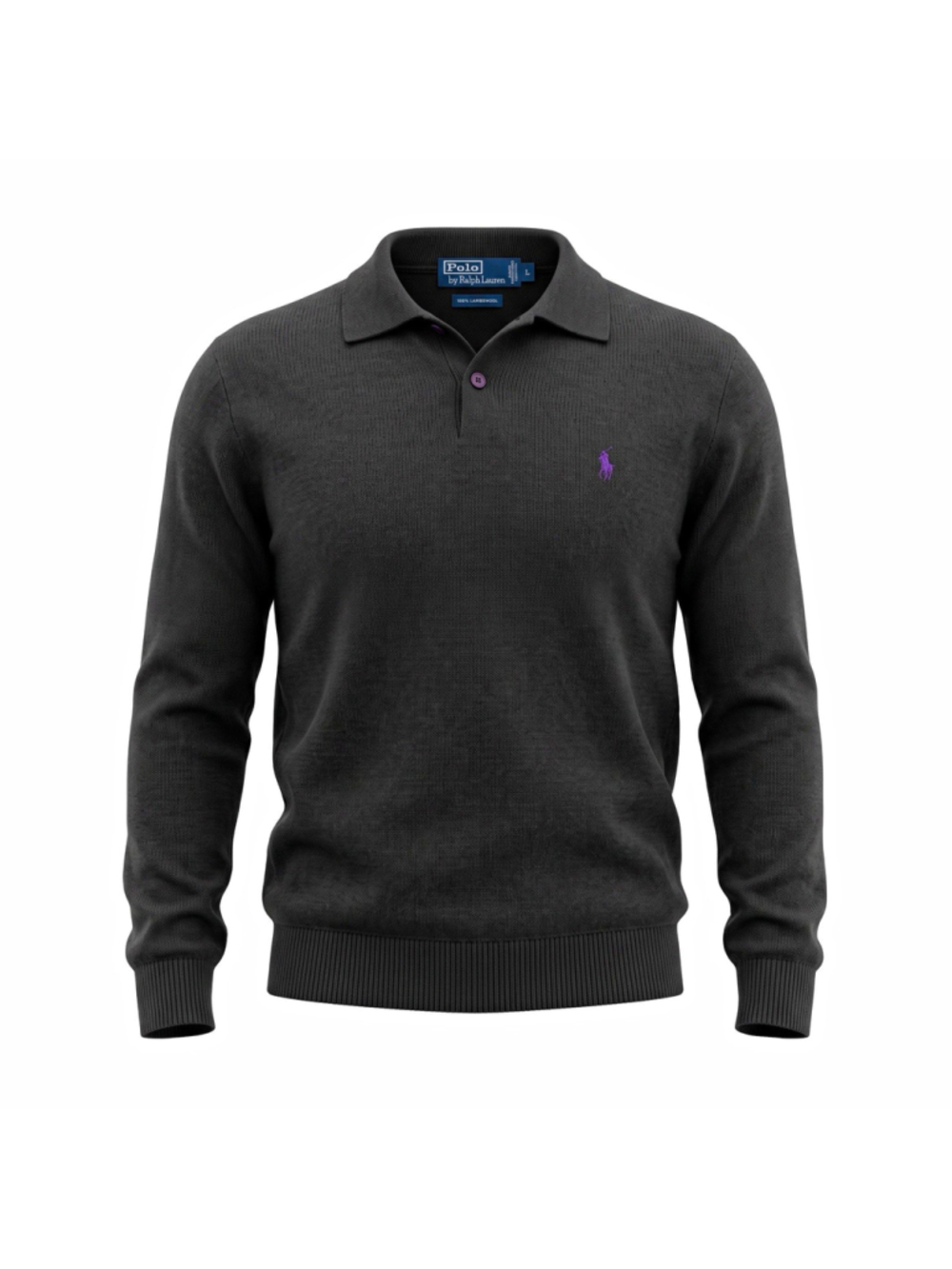 Polo Ralph Lauren Men's Black Lamb Wool Knit Collared Pullover Polo Pony Logo L